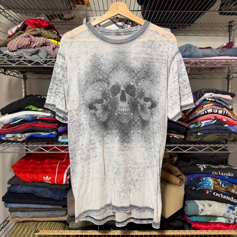 Helix T-Shirt Mens Medium Gray Skull Burnout Graphic Y2K Grunge Tee Goth Punk
